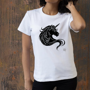 Fantasy Schwarzer Stammes-Einhorn Weiß Minimalisti T-Shirt
