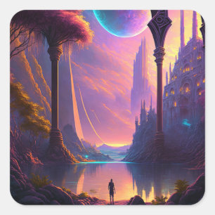 Fantasy Science Fiction Landschaft Quadratischer Aufkleber