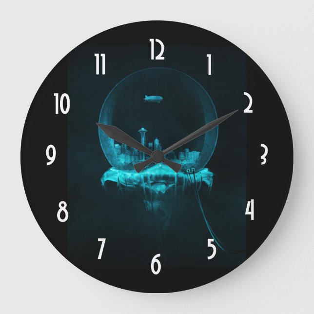 Fantasy Seattle City in einer Snowglobe mit Blimp Große Wanduhr (Vorderseite)