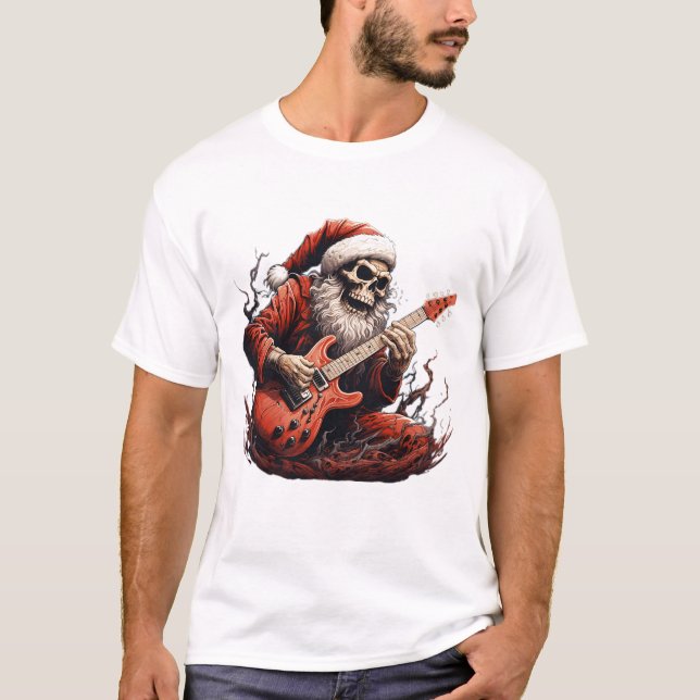 Fantasy Skeleton Santa Playing Gitarrenwoods T-Shirt (Vorderseite)