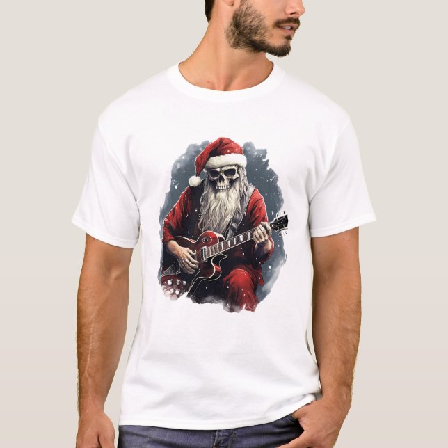 Fantasy Skeletto Santa Playing Gitarre Nacht T-Shirt (Vorderseite)