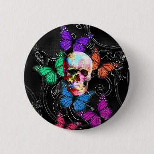 Fantasy skull and colored butterflies button