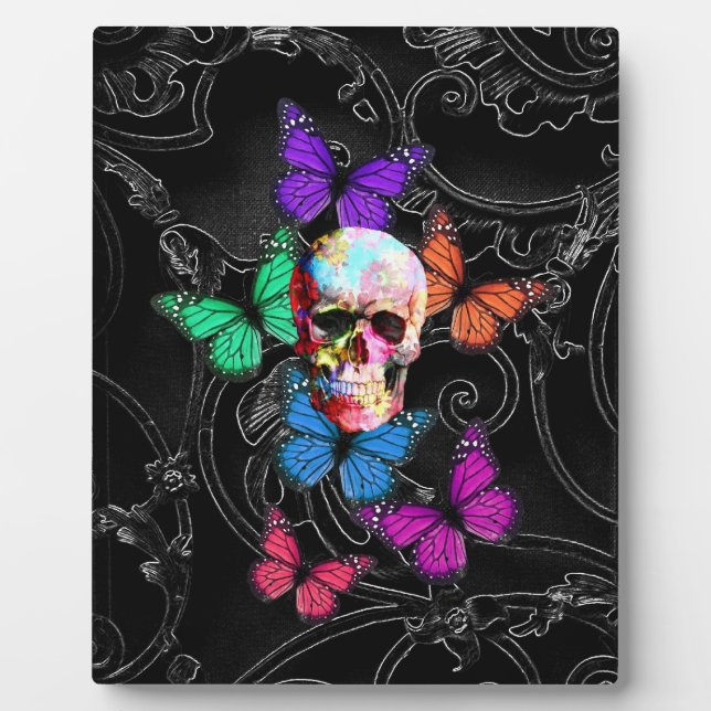 Fantasy skull and colored butterflies fotoplatte (Vorderseite)