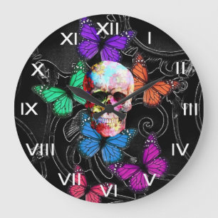 Fantasy skull and colored butterflies große wanduhr