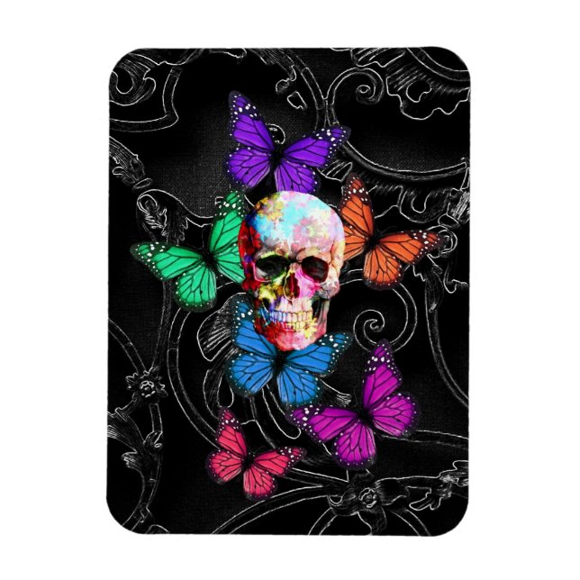 Fantasy skull and colored butterflies magnet (Vertikal)