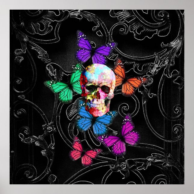 Fantasy skull and colored butterflies poster (Vorne)
