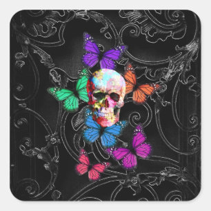 Fantasy skull and colored butterflies quadratischer aufkleber