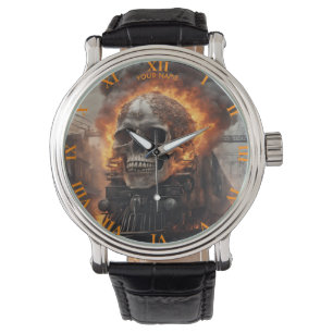 Fantasy Skull Train Flames Wreck Armbanduhr