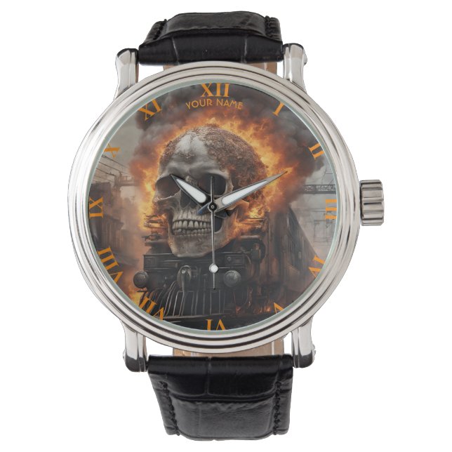 Fantasy Skull Train Flames Wreck Armbanduhr (Vorderseite)