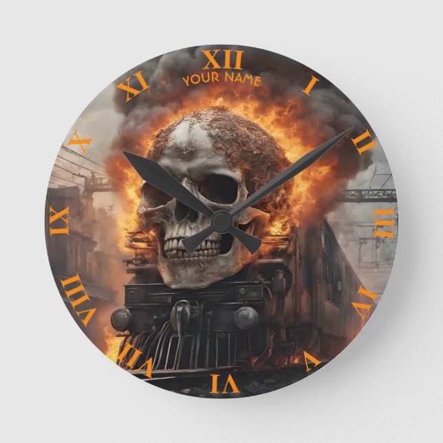 Fantasy Skull Train Flames Wreck Runde Wanduhr (Vorderseite)