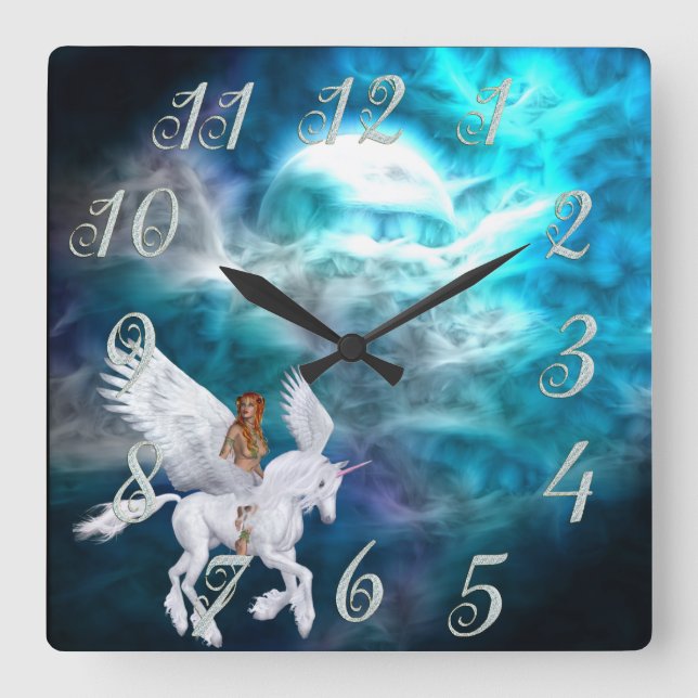 Fantasy Sky Pegasus Wall Clock Quadratische Wanduhr (Vorderseite)