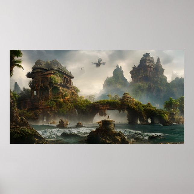 Fantasy Sommerferienort mit Steinbrücke Poster (Vorne)