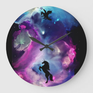 Fantasy Space Nebula Einhorn Drache Rosa Blau Große Wanduhr