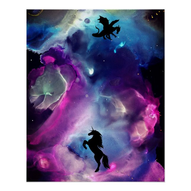 Fantasy Space Nebula Einhorn Drache Rosa Blau Poster (Vorderseite)