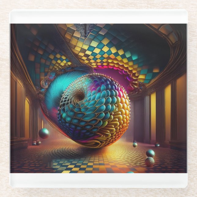 Fantasy-Sphäre in Schachbrett-Halle Glasuntersetzer (Vorderseite)