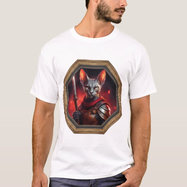 Fantasy Sphinx Cat Warrior In Frame T-Shirt (Vorderseite)