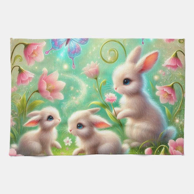 Fantasy Spring Bunny Garden Geschirrtuch (Horizontal)