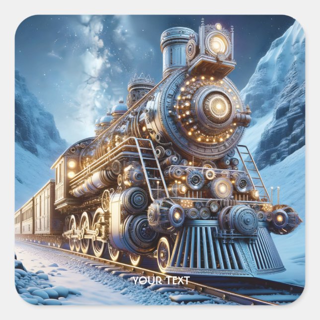 Fantasy Steam Train Winter Quadratischer Aufkleber (Vorderseite)