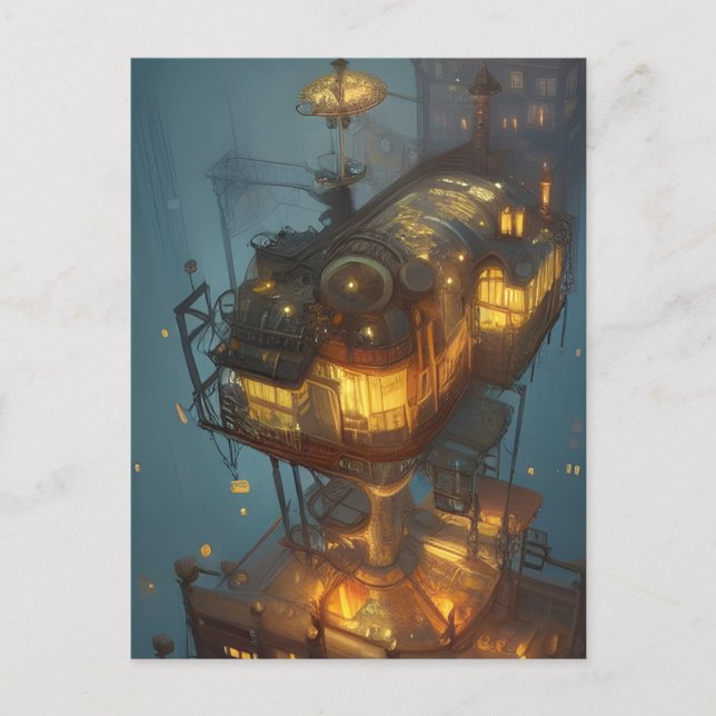 Fantasy Steampunk City Aerial View Postkarte (Vorderseite)