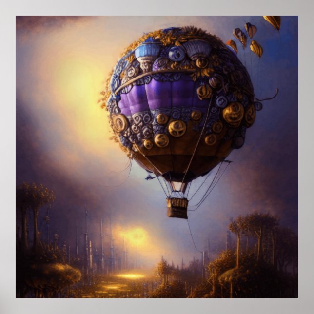 Fantasy Steampunk Lila Vintage Heißluftballon Poster (Vorne)
