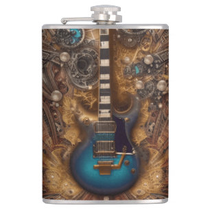 Fantasy Steampunk Vintag Blue Guitar Watercolor Flachmann
