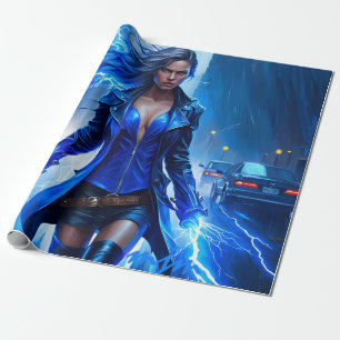 Fantasy Super Hero Girl mit Blitzlicht Power Geschenkpapier