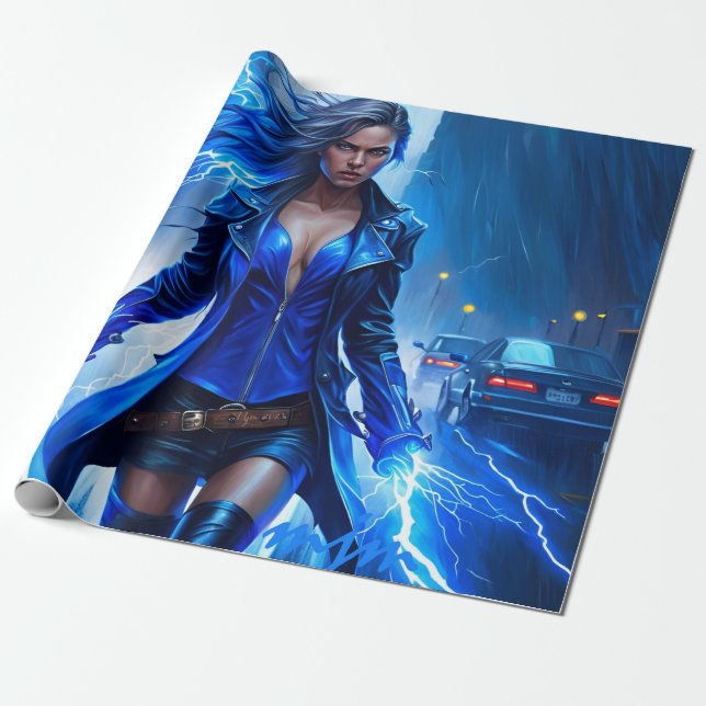 Fantasy Super Hero Girl mit Blitzlicht Power Geschenkpapier (Ungerollt)