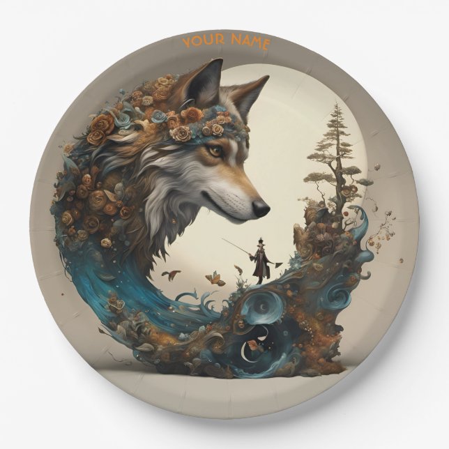 Fantasy Süß Lebendige Blumen Wolf Zauberer Pappteller (Vorderseite)