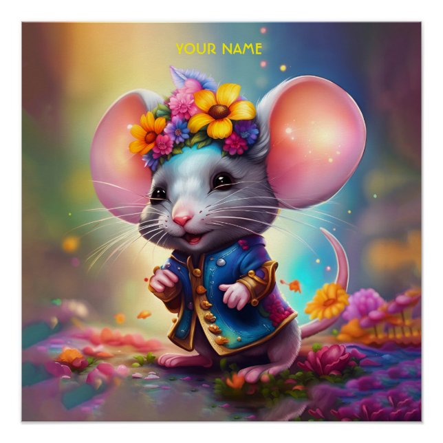 Fantasy süße Maus mit Blume Poster (Vorderseite)