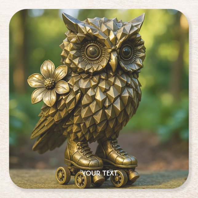 Fantasy Süße Messing-Eulen-Rollerblades Rechteckiger Pappuntersetzer (Vorderseite)