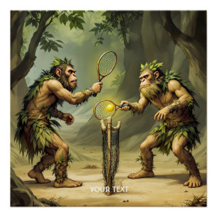 Fantasy Süße Neandertaler beim Tennis spielen Poster