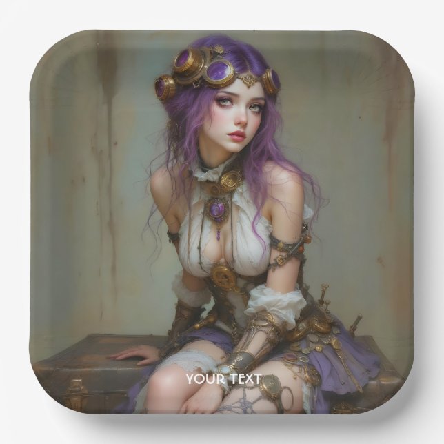 Fantasy Süße Steampunk Lila Mädchen Pappteller (Vorderseite)
