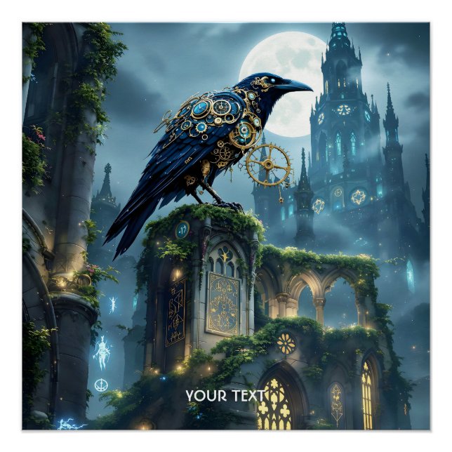 Fantasy Süße Uhrwerk-Raben-Kathedrale Poster (Vorderseite)