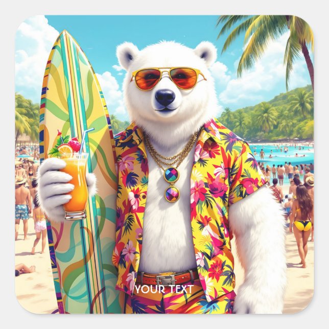 Fantasy Süßer Eisbär Strand Quadratischer Aufkleber (Vorderseite)