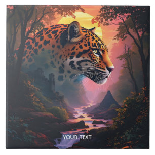 Fantasy Süßer Leopard bei Sonnenuntergang Fliese