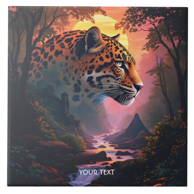 Fantasy Süßer Leopard bei Sonnenuntergang Fliese (Vorderseite)