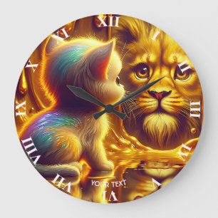 Fantasy Süßer Löwe und Kätzchen Große Wanduhr