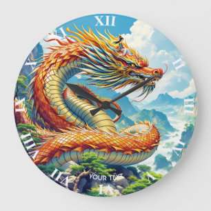 Fantasy Süßer Oranger Drache Berge Große Wanduhr