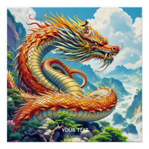 Fantasy Süßer Oranger Drache Berge Poster