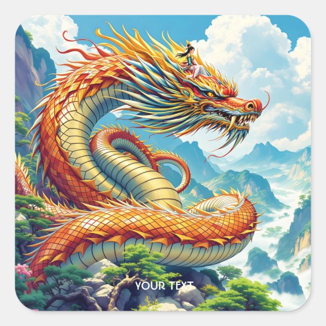 Fantasy Süßer Oranger Drache Berge Quadratischer Aufkleber (Vorderseite)