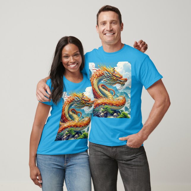 Fantasy Süßer Oranger Drache Berge T-Shirt (Unisex)