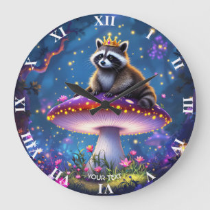 Fantasy Süßer Waschbär Pilz Krone Große Wanduhr