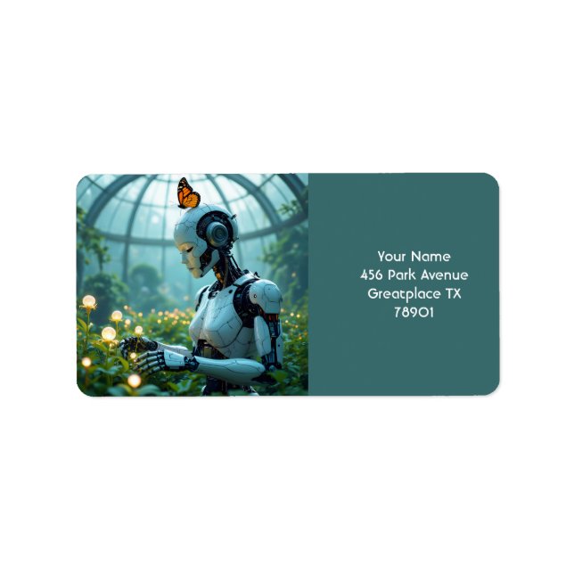 Fantasy Süßer Weiblicher Roboter Garten Adressaufkleber (Vorne)