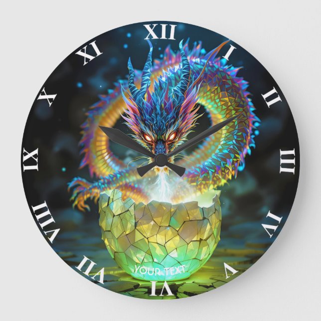 Fantasy Süßes Grünes Drachen-Ei Große Wanduhr (Vorderseite)