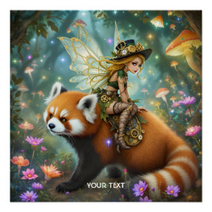 Fantasy süßes Mädchen reitet auf einem Panda Poster