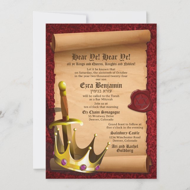 Fantasy Sword Crown Medieval Times Bar Mitzvah Einladung (Vorderseite)
