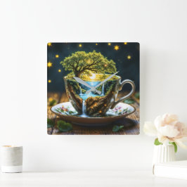 Fantasy Teacup Miniworld Wasserfälle Quadratische Wanduhr