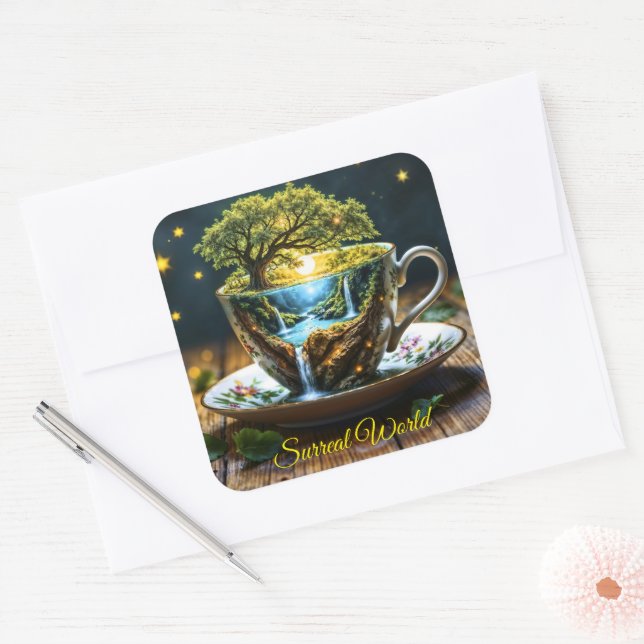 Fantasy Teacup Miniworld Wasserfälle Quadratischer Aufkleber (Umschlag)