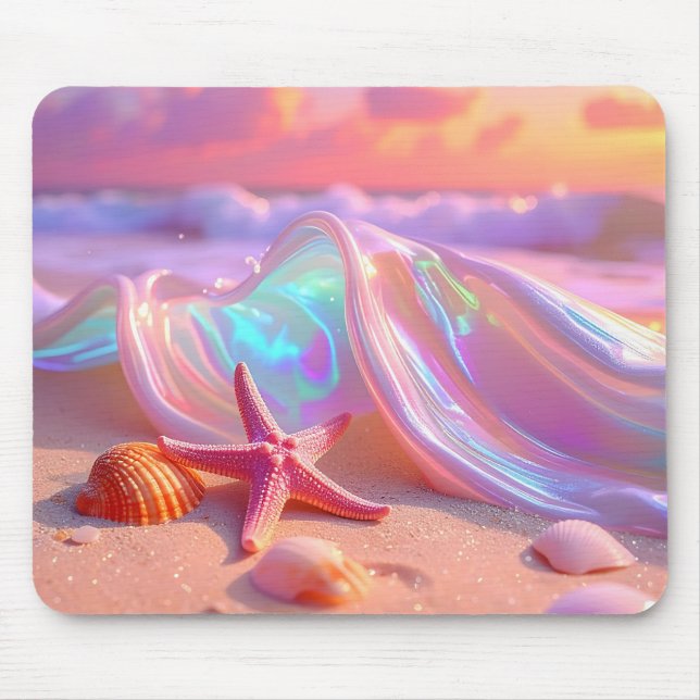 Fantasy-Traumstrand mit schönem rosa Seestern  Mousepad (Vorne)