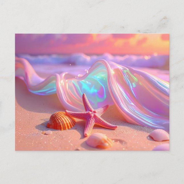 Fantasy-Traumstrand mit schönem rosa Seestern  Postkarte (Vorderseite)